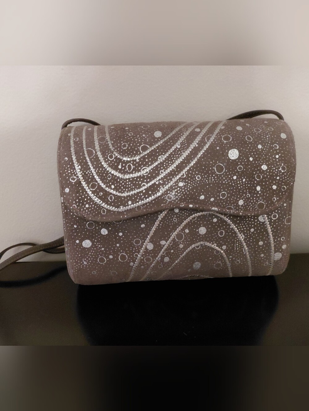 Vintage Carlos Falchi Cosmic Swirl Suede Gray Silver Crossbody Bag Purse